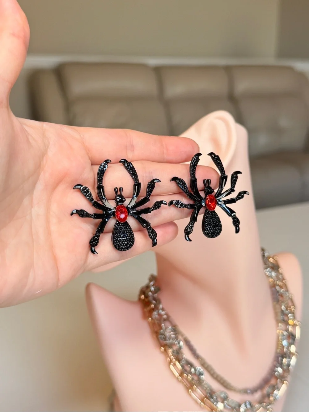 Black Spider Stud Earrings with Red Gem Center